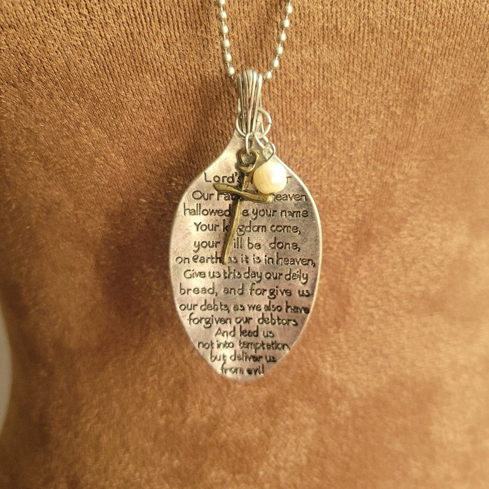 Lords Prayer Spoon Pendant Necklace Silver Tone Cross Pearl 24" Cottagecore